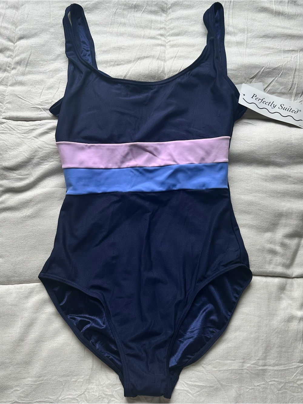 Girls' Navy One-Piece Swimsuit with Pink & Blue Bands
